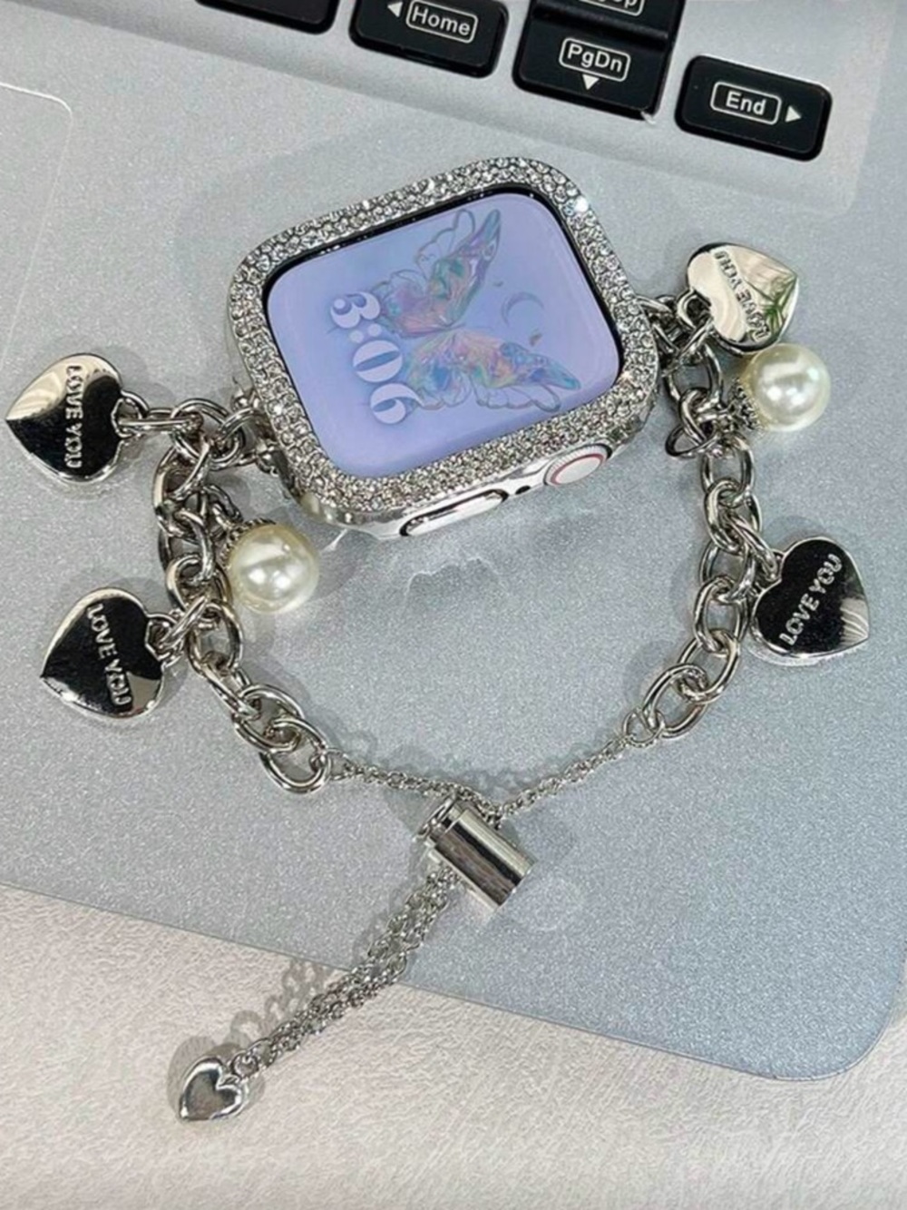 Silver Heart Charm Bracelet Apple Watch Case with Pearls